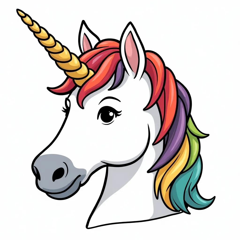 Coloring Page (colored): Unicorn with a Magical Horn - A close-up of a unicorn's face, showcasing its glittering, spiral horn that sparkles with magical energy, surrounded by swirling stars.
