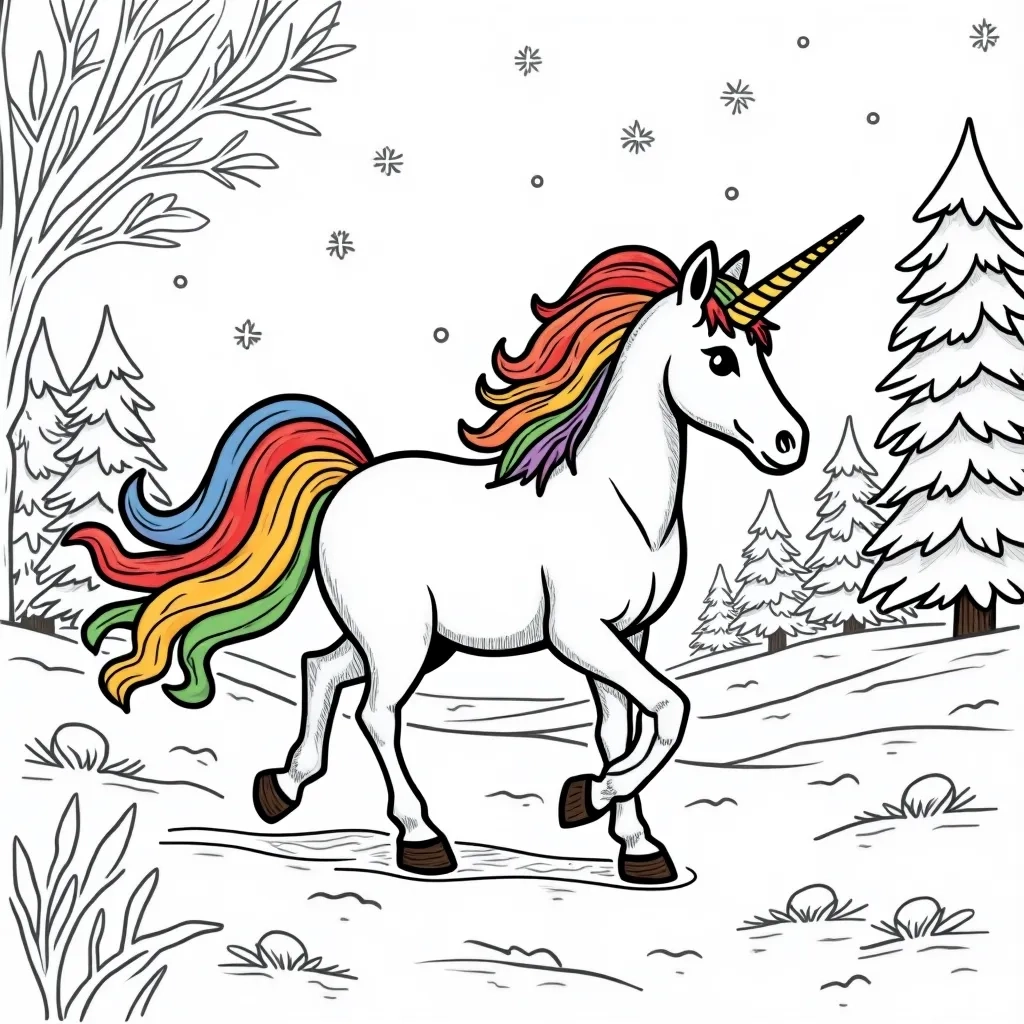 Coloring Page (colored): Unicorn in a Winter Wonderland - A unicorn trotting through a snowy landscape, its mane adorned with icicles, and snowflakes gently falling from the sky.