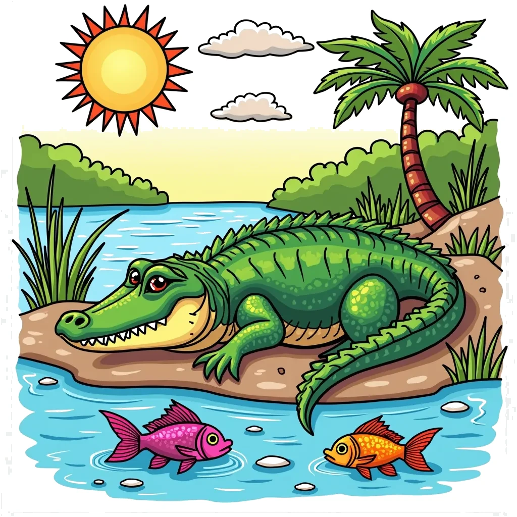 Coloring Page (colored): Crocodile's Sunbathing - A crocodile basking on a riverbank, soaking in the sun. Nearby, some colorful fish can be seen swimming in the water.