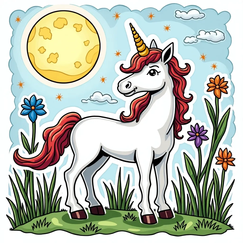 Coloring Page (colored): Unicorn Under the Moonlight - A serene unicorn gazing up at a glowing full moon in a starry night sky. The scene is illuminated by moonlight reflecting off a tranquil lake.