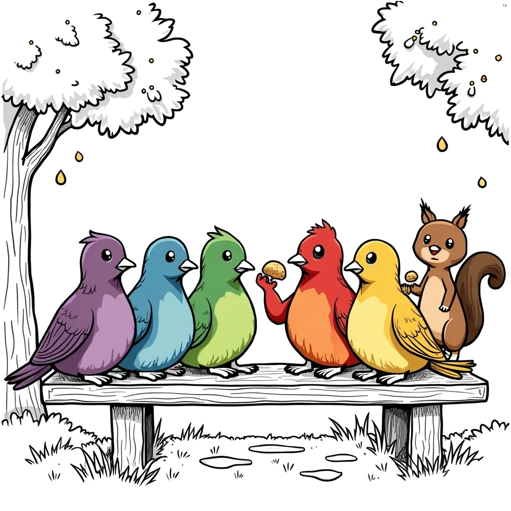 Coloring Page (colored): Pigeon Picnic - A group of pigeons having a picnic on a park bench, sharing breadcrumbs with a friendly squirrel who wants to join the fun.
