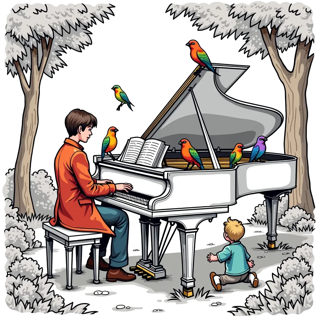 Coloring Page (colored): Piano in the Park - A pianist playing an elegant grand piano in a park. Colorful birds are perched on the piano while children play nearby, enjoying the music.
