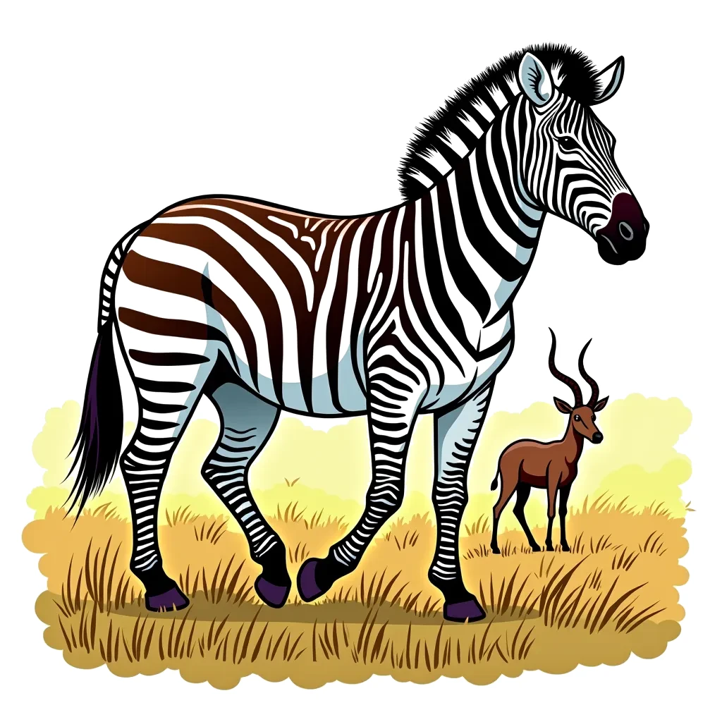 Coloring Page (colored): Zebra's Striped Journey - A zebra walking gracefully across the savannah, with its distinct black and white stripes standing out against the golden grass. A small antelope is grazing in the background.