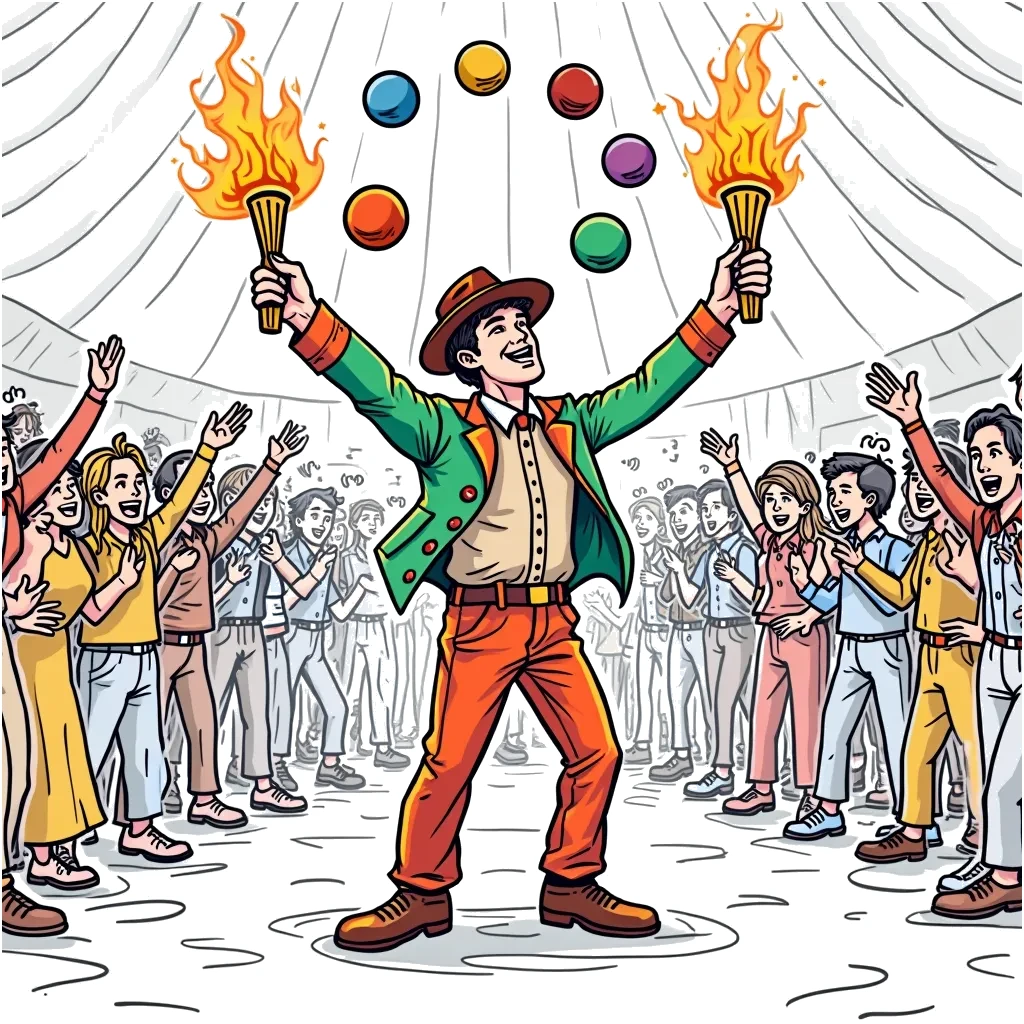 Coloring Page (colored): Juggler's Performance - A lively circus scene where a juggler is showcasing their talent, juggling colorful balls and flaming torches, with an excited audience clapping and cheering.