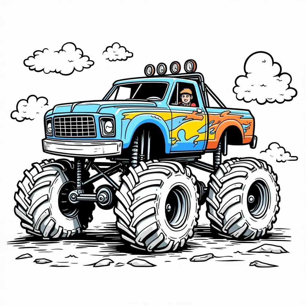 Coloring Page (colored): Monster Truck Rally - A huge monster truck with bright blue paint and flame decals ramping over a pile of colorful tires under a sunny sky.