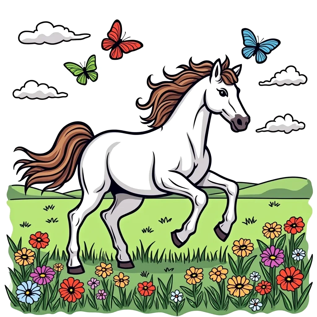 Coloring Page (colored): Horse Riding in a Field - A horse is galloping across a wide green field, with wildflowers blooming and butterflies fluttering in the air.