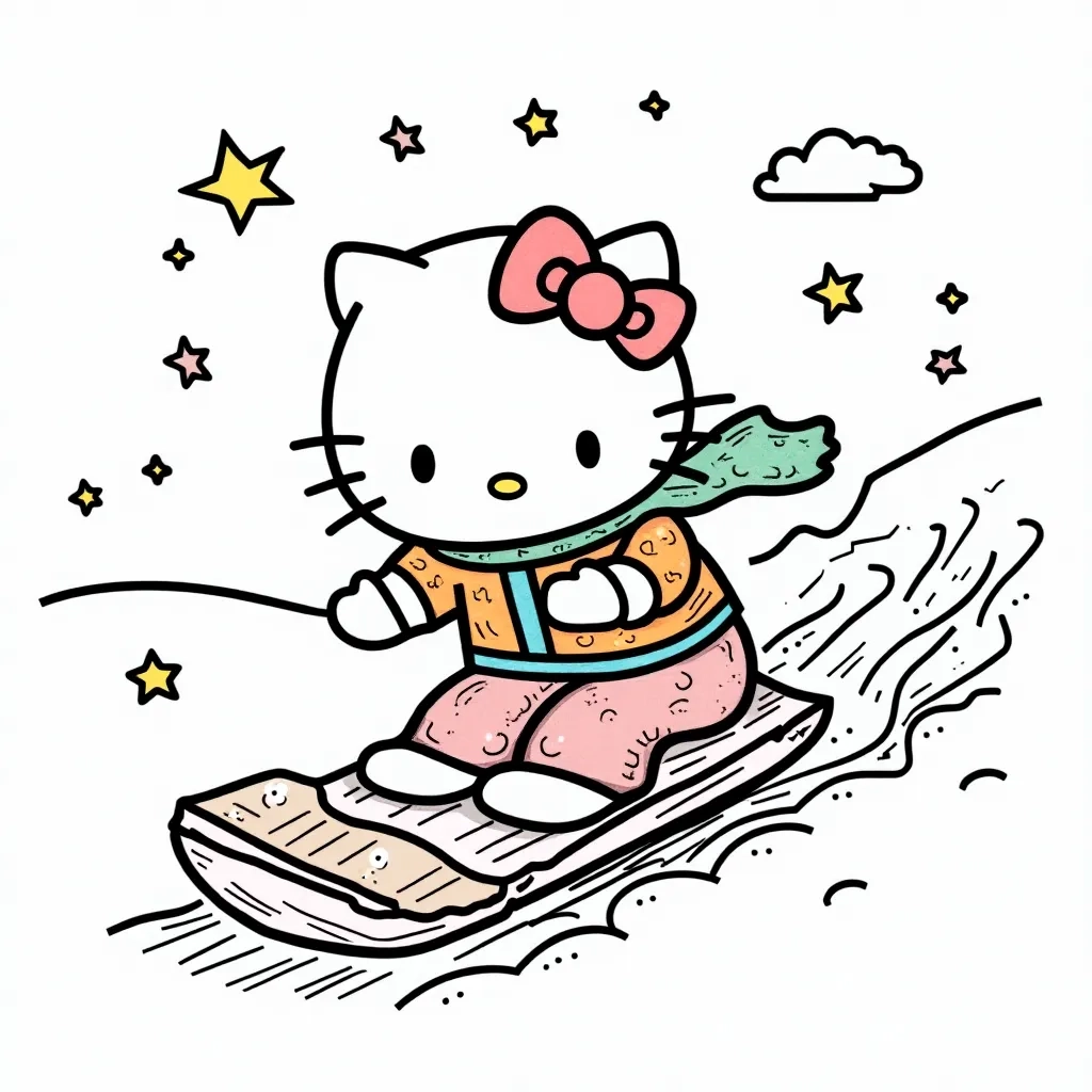 Coloring Page (colored): Hello Kitty Sledding - An adventurous Hello Kitty sledding down a snowy hill, her cheeks rosy from the cold. She's wearing a purple parka and a cheerful smile, as snow sprays up around her sled.