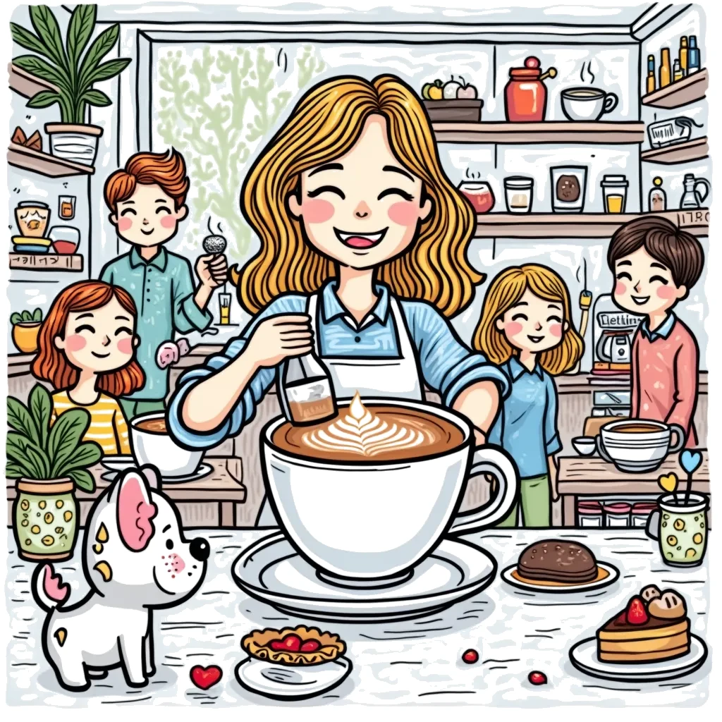 Coloring Page (colored): Barista's Coffee Shop - A cheerful barista making colorful latte art in a cozy coffee shop filled with happy customers enjoying their drinks and pastries. There's a plant in the corner and a dog waiting for a treat outside.