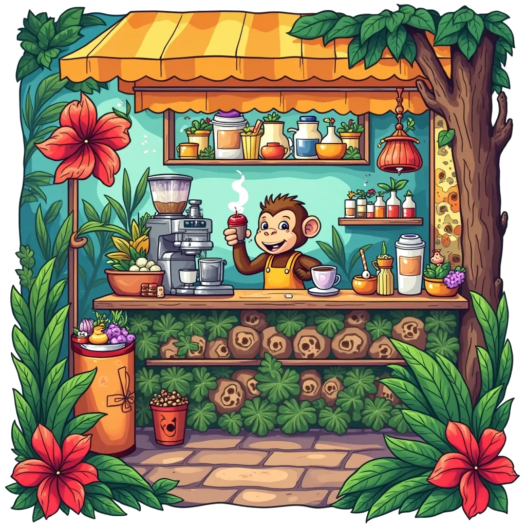 Coloring Page (colored): Barista's Coffee Jungle - Create a fun coffee shop scene run by a friendly barista monkey, serving colorful coffee drinks surrounded by tropical plants and playful animals enjoying their brews.