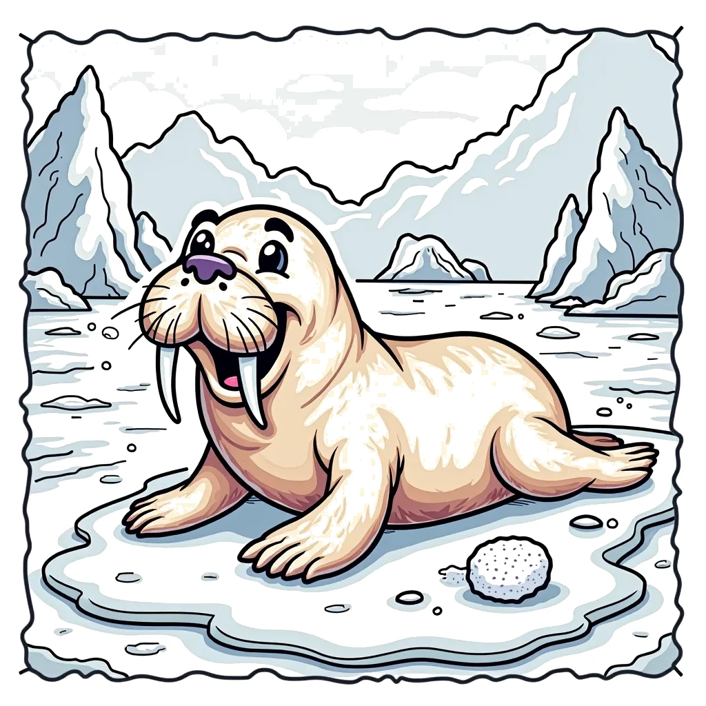 Coloring Page (colored): Walrus Waddle - A cheerful walrus sliding on its belly across the smooth ice, playfully tossing a snowball with its tusks. In the background, icy formations create a stunning frozen landscape.