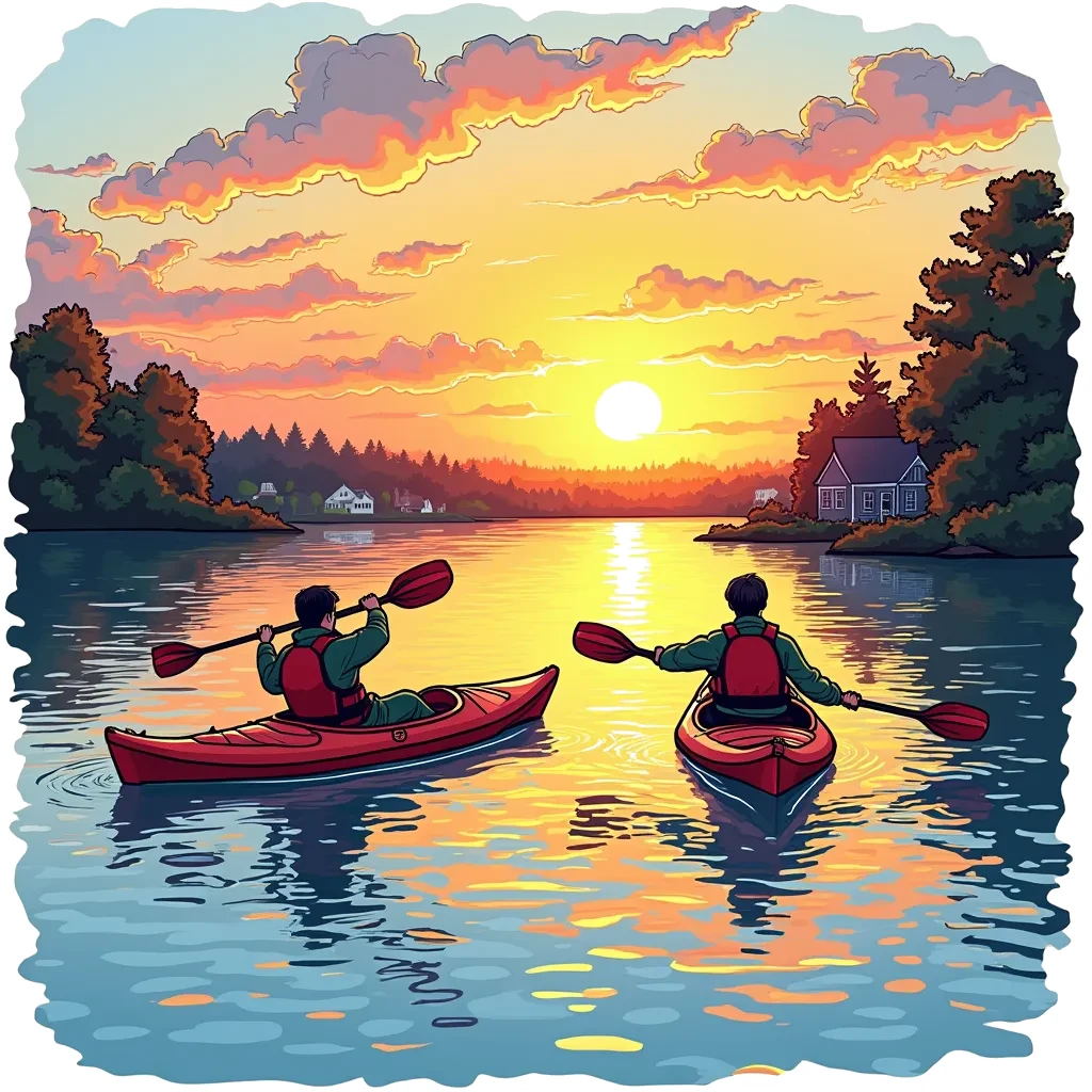 Coloring Page (colored): Sunset Kayaking - A tranquil sunset scene where kayakers glide over reflective waters as the sun sets on the horizon. The sky is painted in warm hues of orange, pink, and purple. Silhouettes of the kayakers are seen against the sky, while the river is calm, with twinkling lights from distant houses starting to appear.