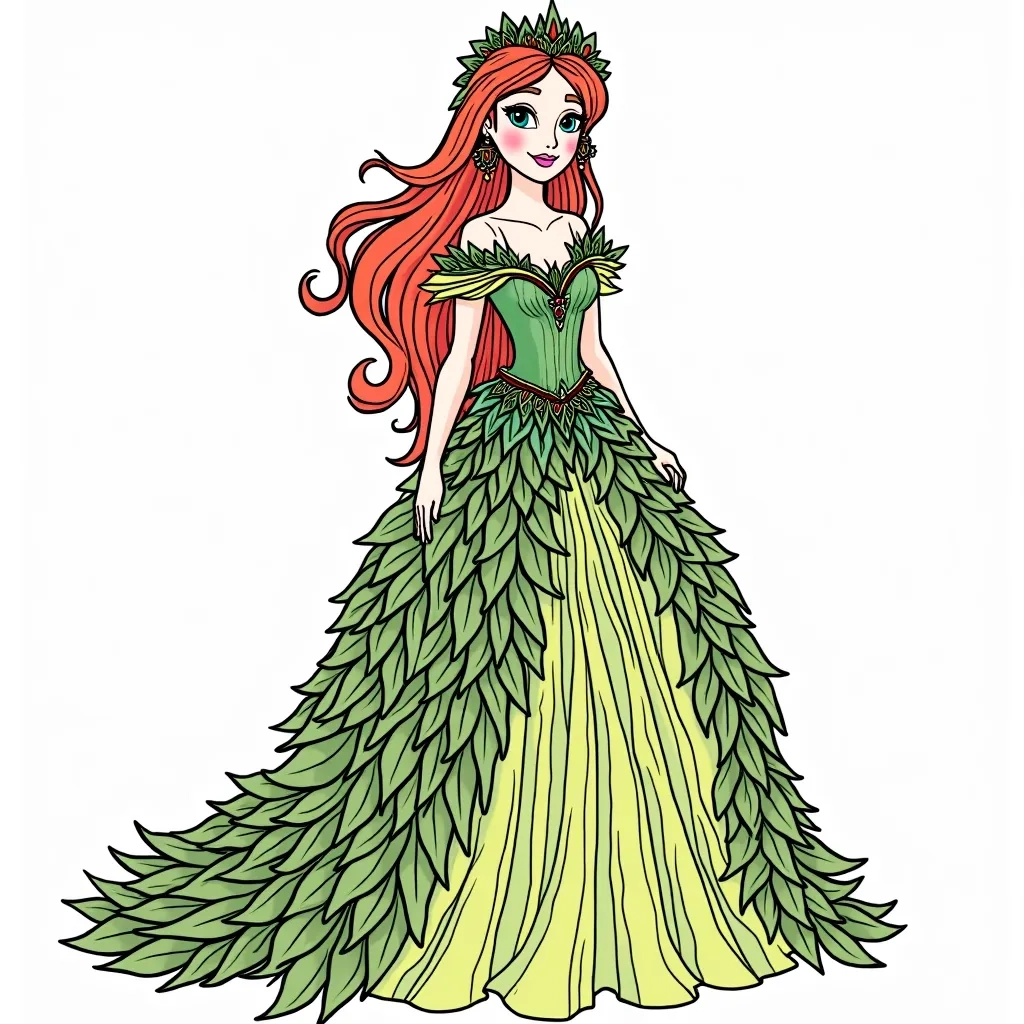 Coloring Page (colored): Enchanted Forest Princess - A forest princess with a gown made of leaves and flowers, dancing with woodland creatures like bunnies and birds in a magical forest filled with sparkling lights.