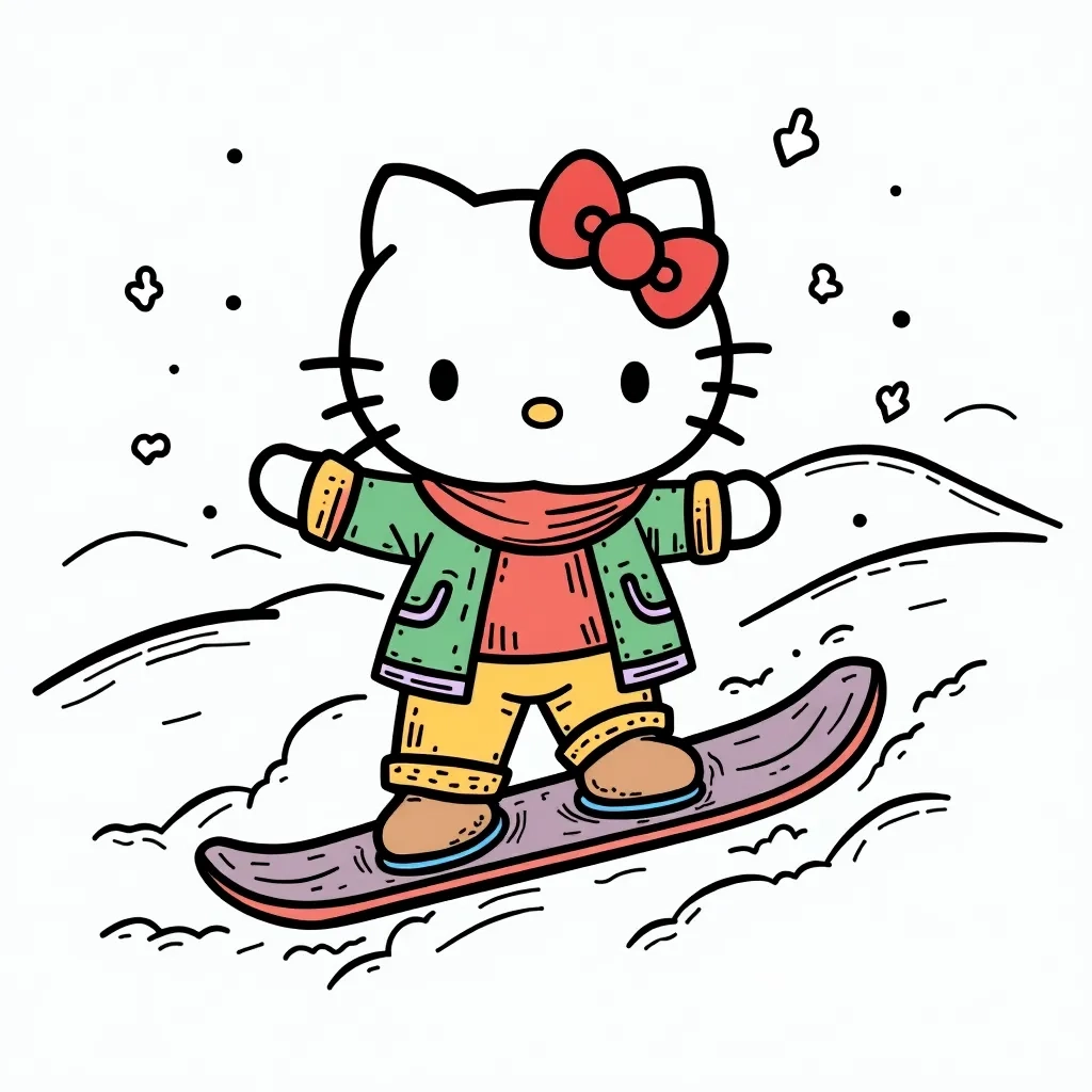 Coloring Page (colored): Hello Kitty Snowboarding - Depict Hello Kitty snowboarding down a snowy hill, wearing a bright winter jacket and colorful goggles, with trees and snowflakes surrounding her.