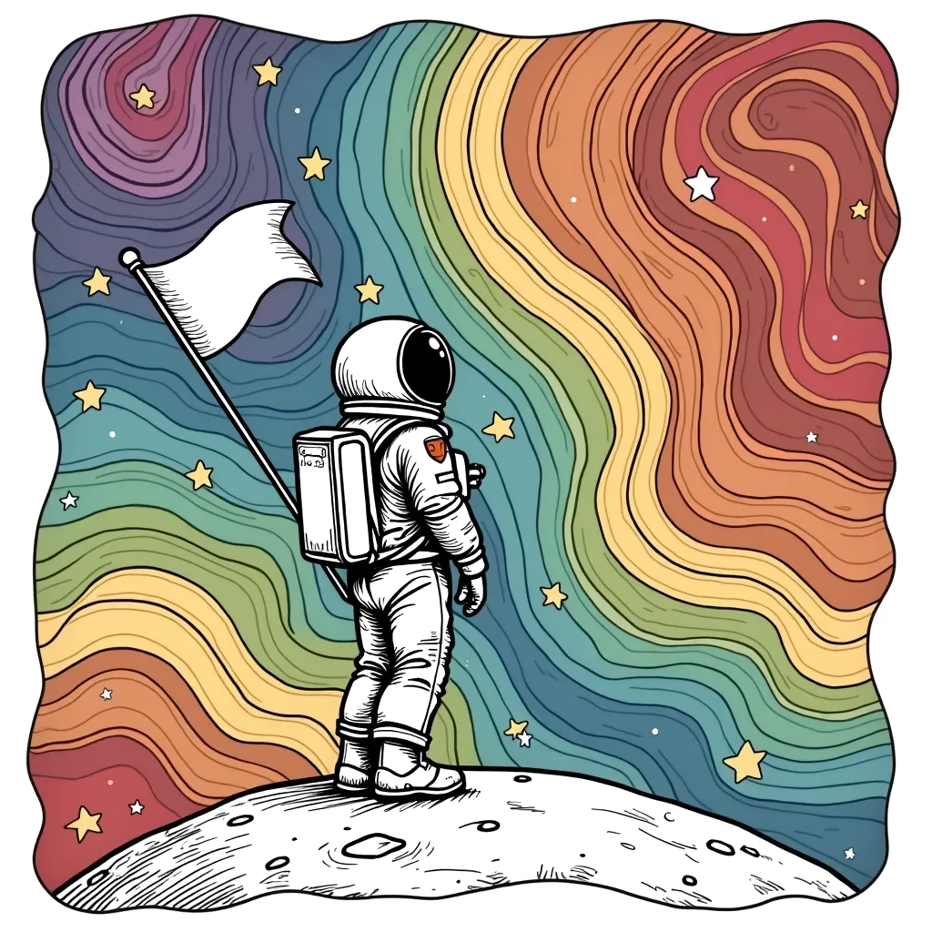 Coloring Page (colored): Distant Galaxy - An astronaut stands on a small moon, gazing at a distant galaxy filled with vibrant stars and swirling colors. The astronaut holds a flag with a peace sign.