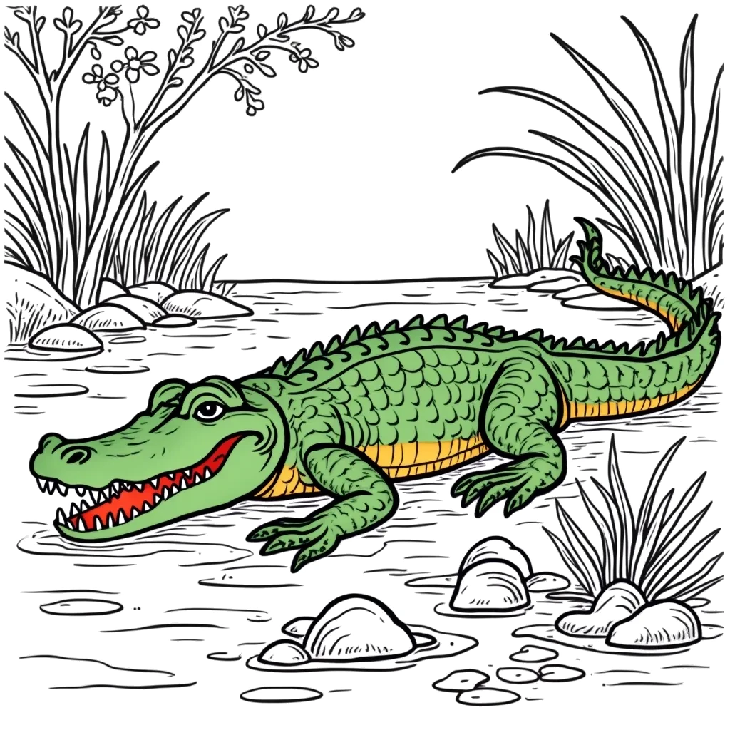 Coloring Page (colored): Crocodile in a River - A crocodile lounging on a riverbank, partially submerged in the water with plants and rocks around.