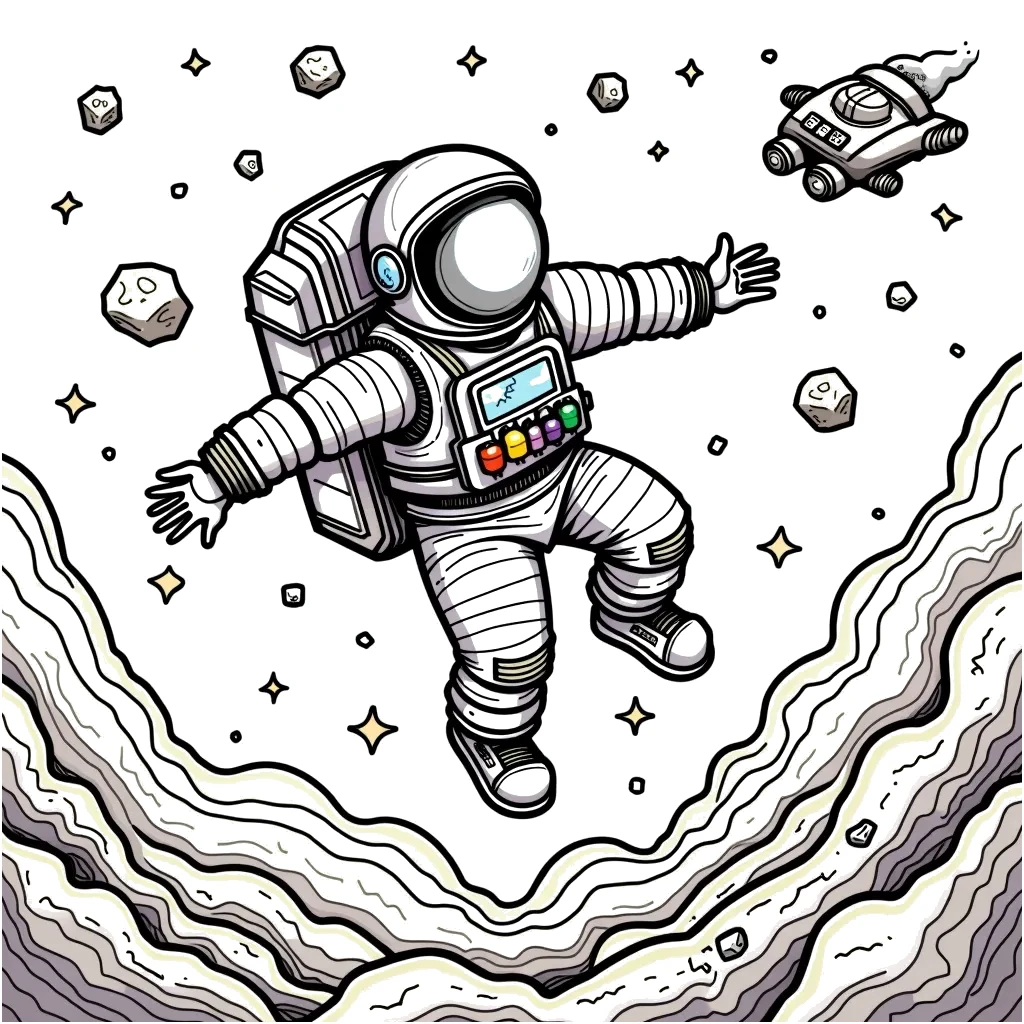 Coloring Page (colored): Exploring an Asteroid Field - An astronaut floats in space, using a jetpack to navigate through a field of asteroids, with a tiny spaceship nearby ready for his next move.