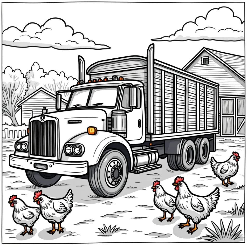 Coloring Page (colored): Cattle Truck on a Farm - A cattle truck is parked in a farmyard, surrounded by chickens and a barn in the background, ready to load cows for transport.