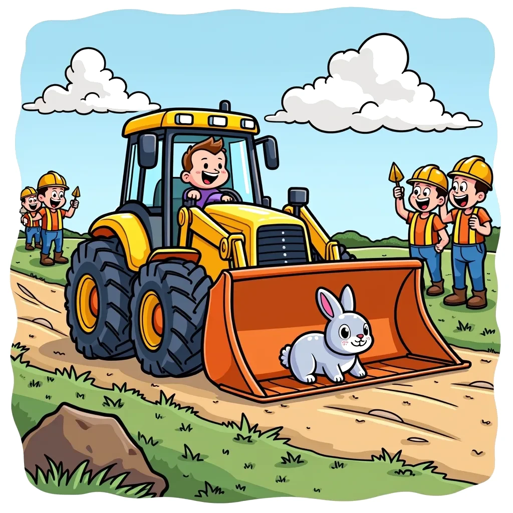 Coloring Page (colored): Bulldozer Race - A bulldozer and a small rabbit having a race on a dirt path with cheering construction workers in the background.