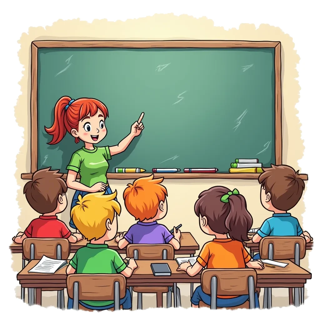 Coloring Page (colored): Teacher in the Classroom - A teacher stands at the front of a classroom, pointing to a chalkboard while students eagerly raise their hands to answer questions.