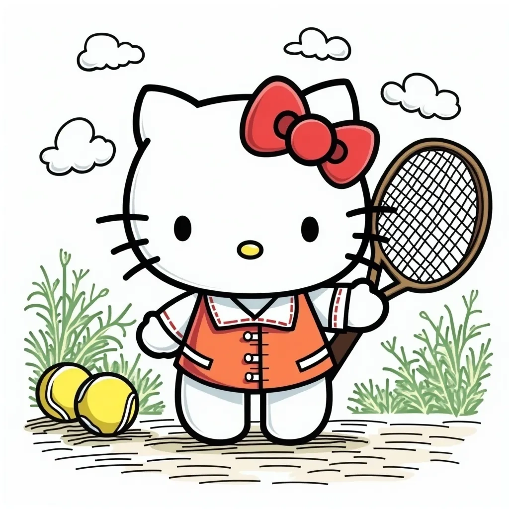 Coloring Page (colored): Hello Kitty Playing Tennis - Show Hello Kitty playing tennis on a lively court, dressed in a cute white tennis outfit, hitting a bright yellow tennis ball with a pink racket, under a sunny sky.