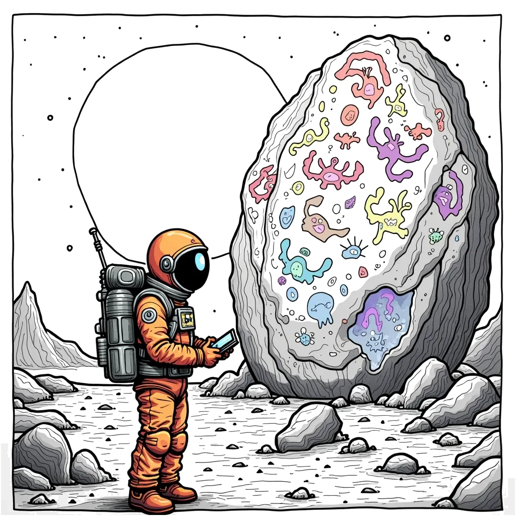 Coloring Page (colored): Asteroid Explorer - An astronaut examines a giant asteroid covered in strange alien markings. The astronaut is holding a tablet, taking notes on their findings.