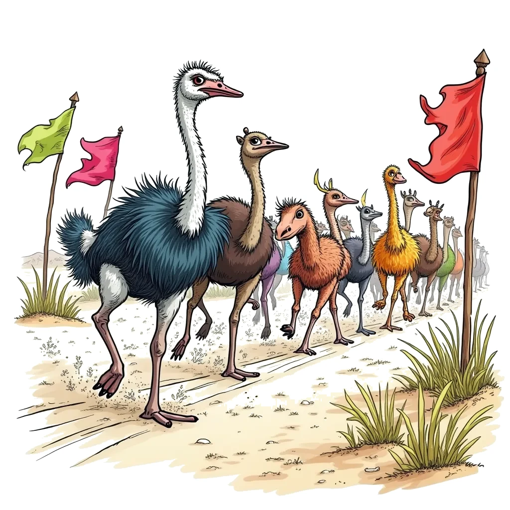 Coloring Page (colored): Ostrich Race - An energetic scene depicting an ostrich leading the charge in an unusual race against other animals on a sandy plain, with colorful flags marking the finish line.
