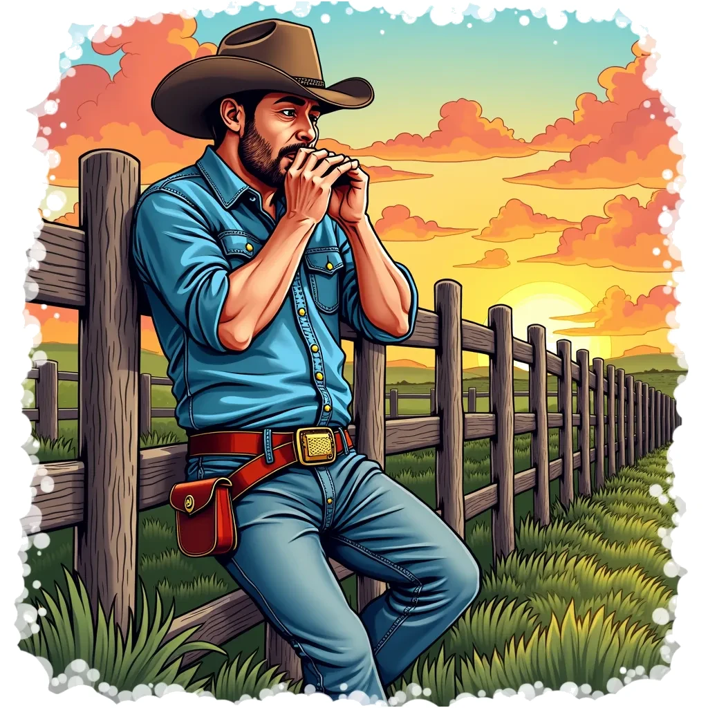 Coloring Page (colored): Harmonica Blues - A man in a cowboy hat playing a harmonica while leaning against an old wooden fence, with a sunset in the background.