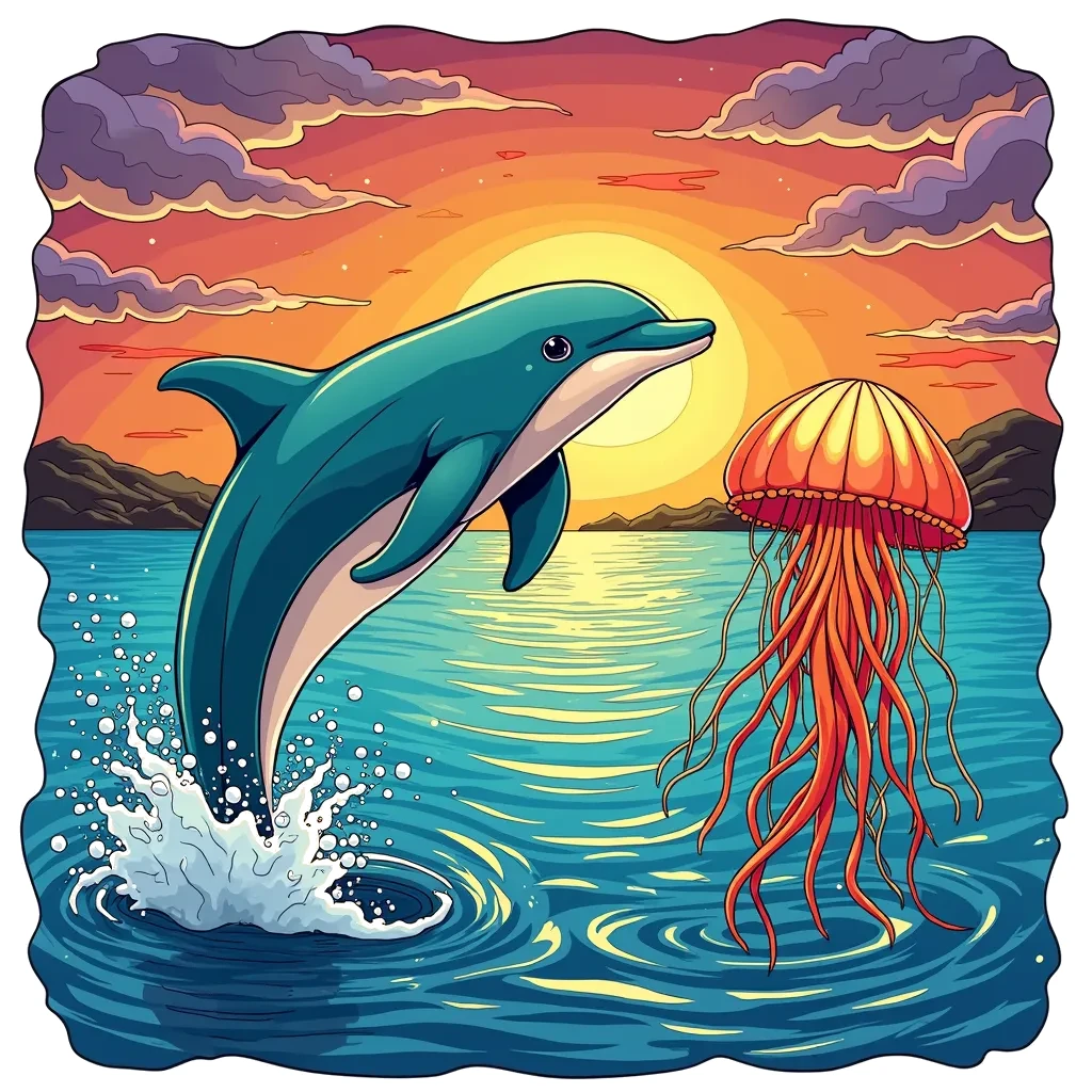 Coloring Page (colored): Sunset Dance - A beautiful dolphin leaps out of the water during sunset, with an elegant jellyfish gracefully floating beside it, glowing in the twilight.