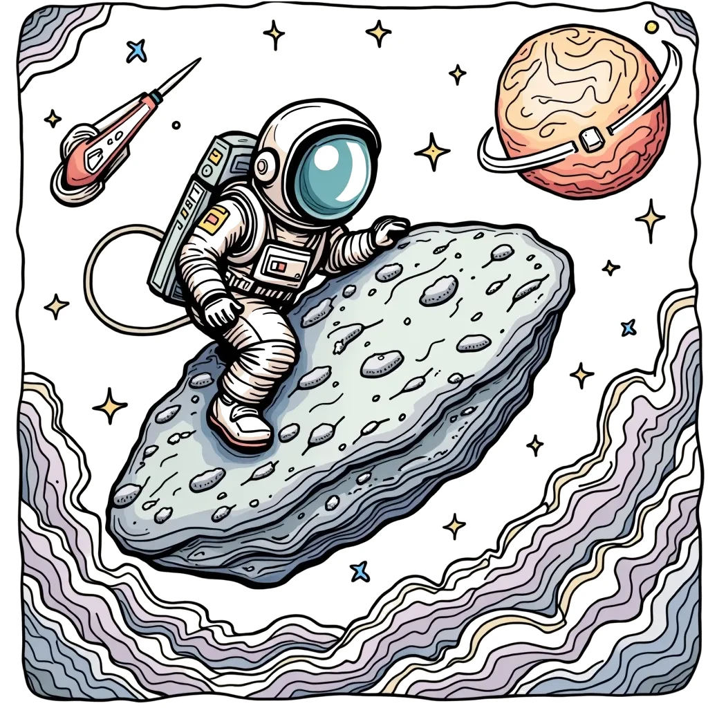 Coloring Page (colored): Asteroid Adventure - An astronaut hitches a ride on a large asteroid zooming through space, with a vibrant nebula visible in the background.