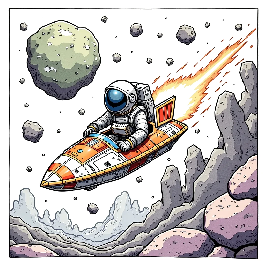 Coloring Page (colored): Asteroid Belt Challenge - An astronaut skillfully navigates through a tricky asteroid belt in a small spacecraft. The scene captures the thrilling moment as the astronaut dodges a large, tumbling asteroid.
