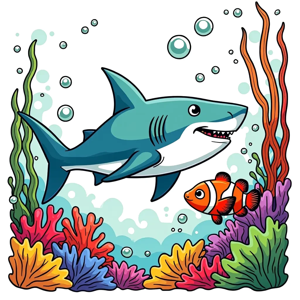 Coloring Page (colored): The Friendly Shark - A friendly shark swims beside a colorful coral reef, interacting with a curious clownfish. Bubbles rise around them, and the sunlight filters down through the water.