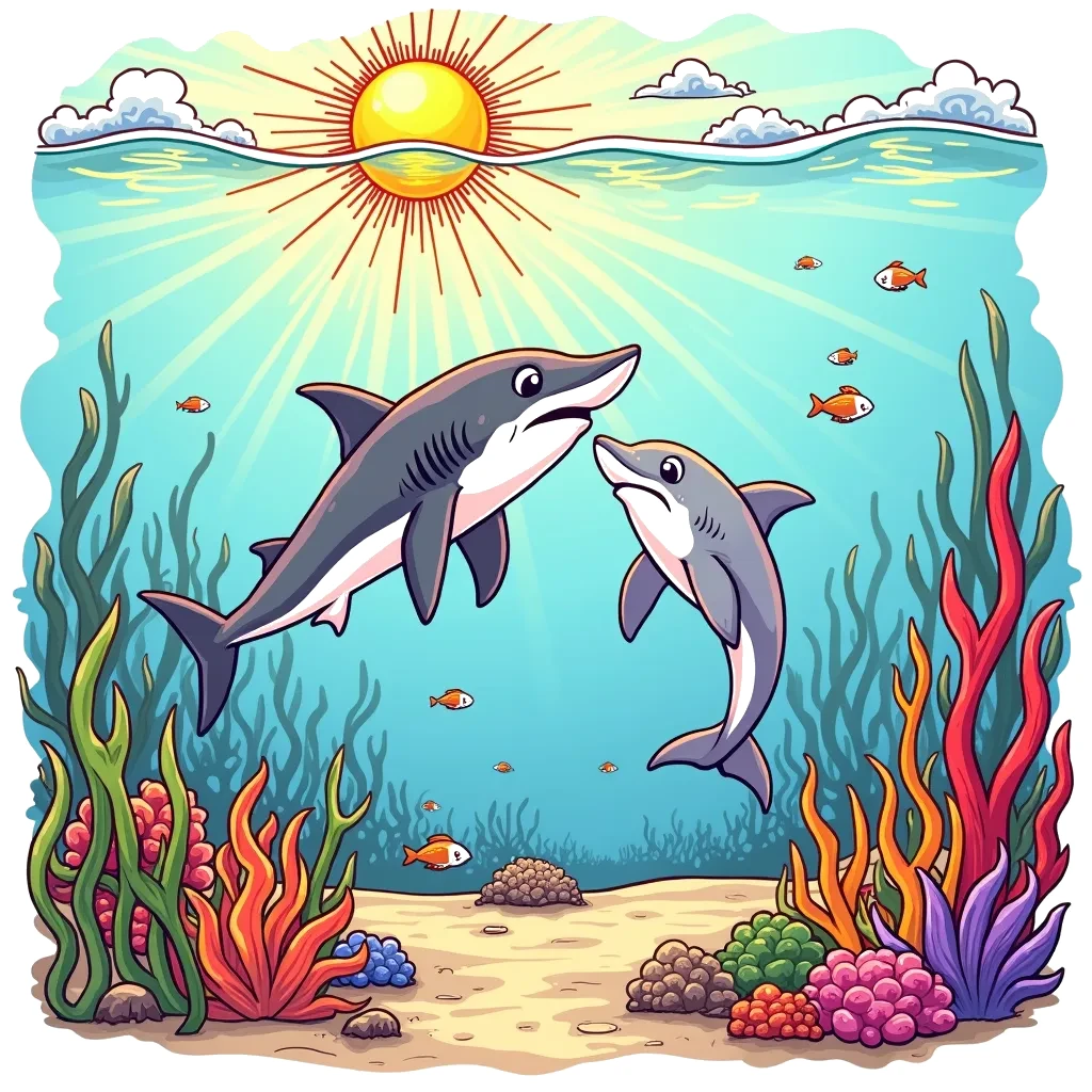 Coloring Page (colored): Shark and Friend - A friendly hammerhead shark swims alongside a playful dolphin in a sunlit patch of ocean. They share a moment of connection as they explore their underwater surroundings together.