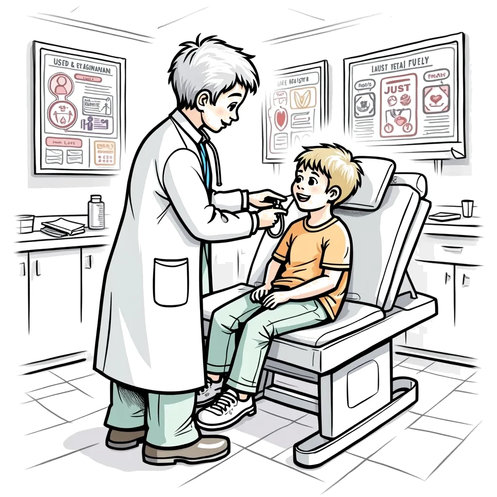 Coloring Page (colored): Doctor's Check-Up - A doctor is examining a young boy who is sitting on an examination table, with a stethoscope in hand. The room is filled with medical equipment and posters about health on the walls.