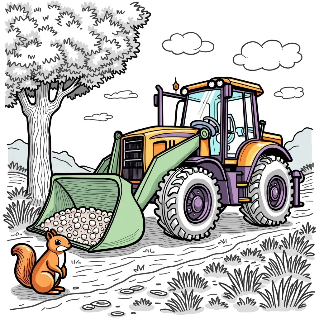 Coloring Page (colored): Loader's Load - A front-end loader moving dirt while a squirrel sits on a nearby tree, watching with great interest.