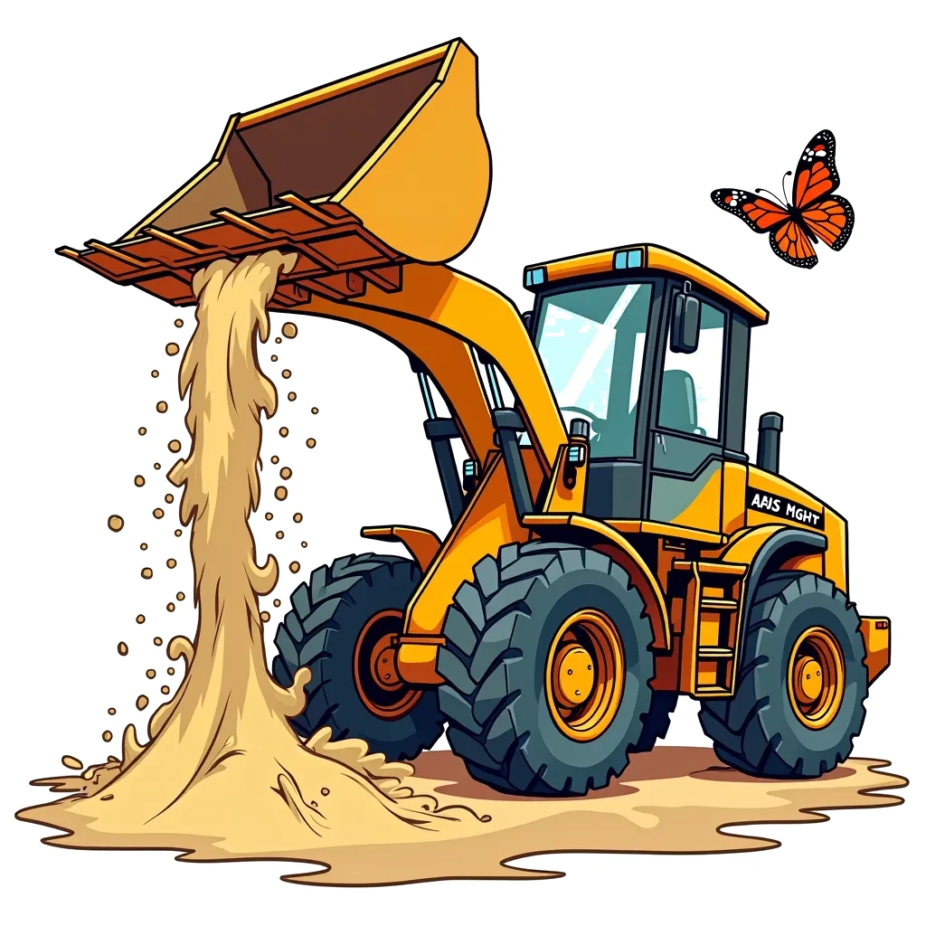 Coloring Page (colored): Loader's Load - A front-end loader lifting a big scoop of sand, as a butterfly flutters around its scoop.