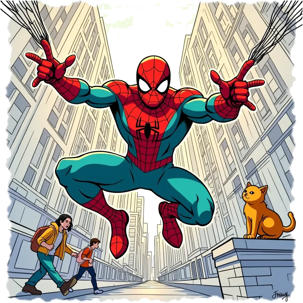 Coloring Page (colored): The Web Weaver - A superhero in a colorful costume swings through a bustling city, shooting webs from their hands. Below, amazed pedestrians look up while a cat watches curiously from a nearby rooftop.