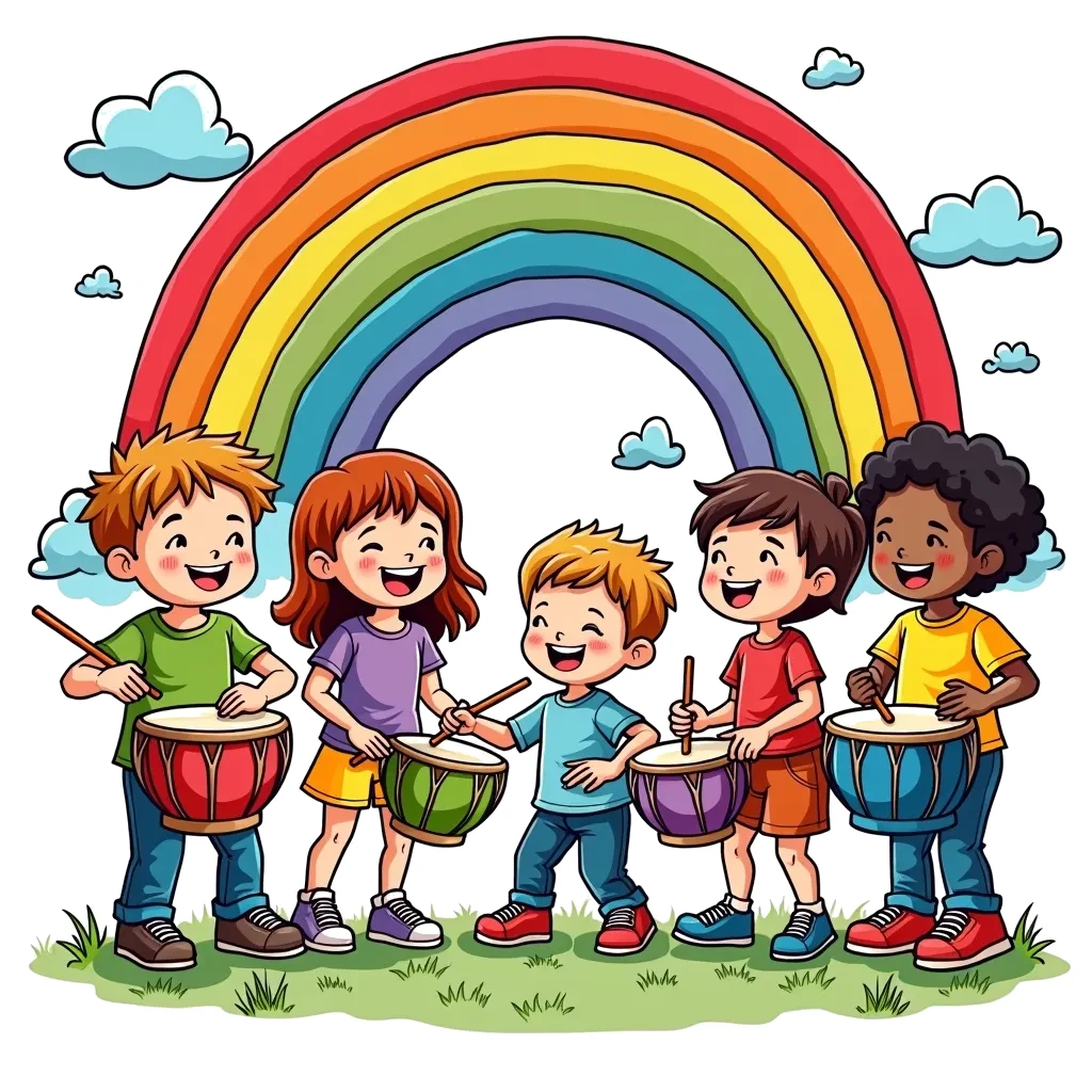 Coloring Page (colored): Drum Circle - A group of children joyfully playing hand drums in a circle, with a colorful rainbow appearing in the sky above them.
