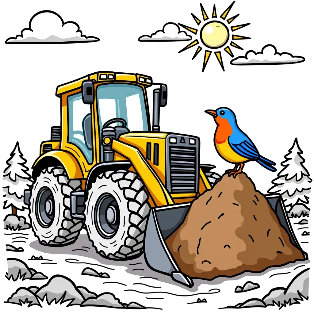 Coloring Page (colored): Bulldozer Power - A bulldozer pushing a pile of dirt on a sunny day, while a cheerful bird perches on its blade.
