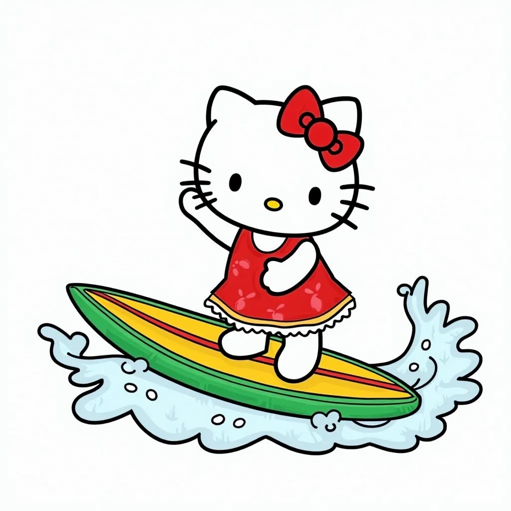 Coloring Page (colored): Hello Kitty on a Surfboard - Show Hello Kitty riding a colorful surfboard on a wavy blue ocean, wearing a sunny yellow swimsuit and a flowered headband, with seagulls flying overhead in a bright blue sky.