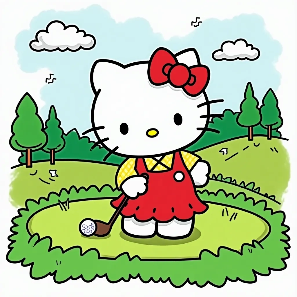Coloring Page (colored): Hello Kitty Playing Golf - Create a scene where Hello Kitty is putting on a lush green golf course, dressed in a cheerful pastel golf outfit, with colorful golf balls all around.