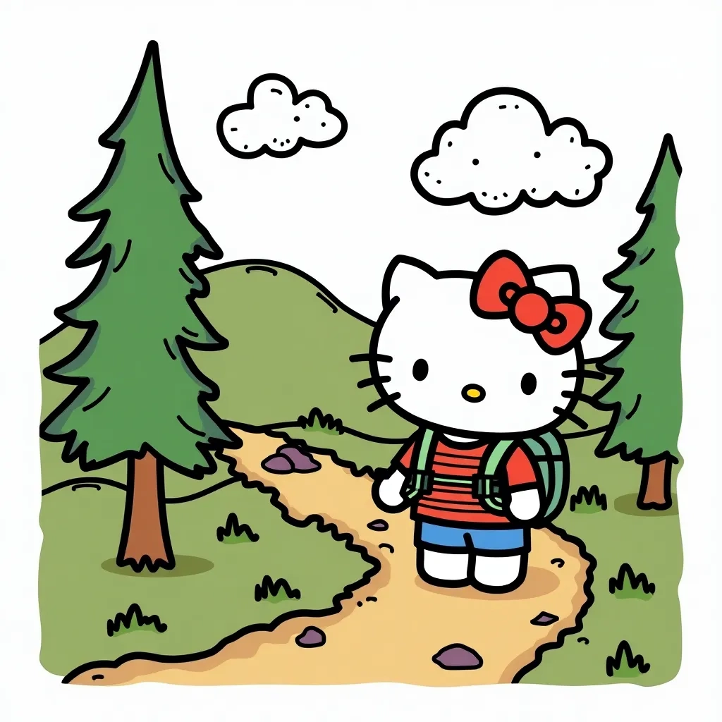 Coloring Page (colored): Hello Kitty Hiking - Depict Hello Kitty hiking a scenic trail on a bright sunny day, wearing a cute backpack and surrounded by lush green trees and bright flowers.