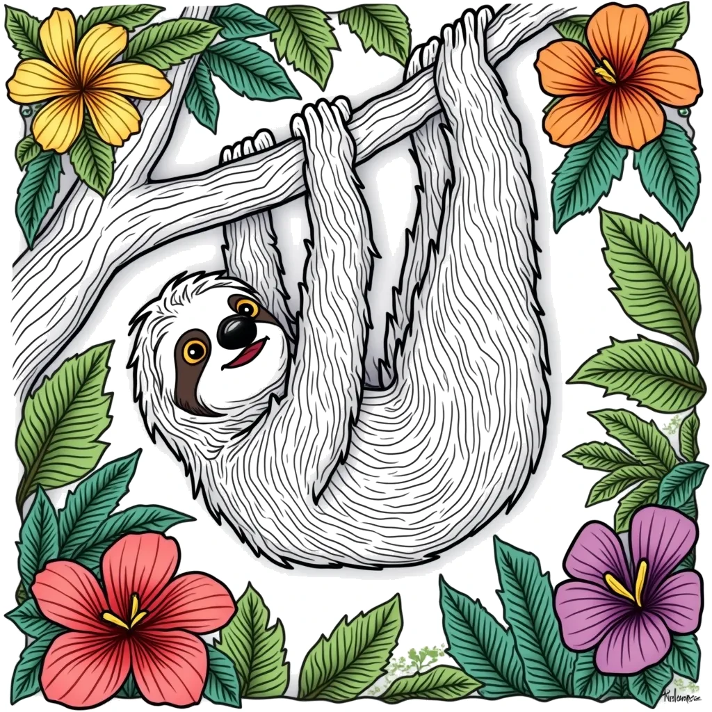 Coloring Page (colored): Sloth's Leisure Day - A sloth is hanging upside down from a tree branch, lazily munching on leaves. Bright tropical flowers and other animals can be seen in the background.