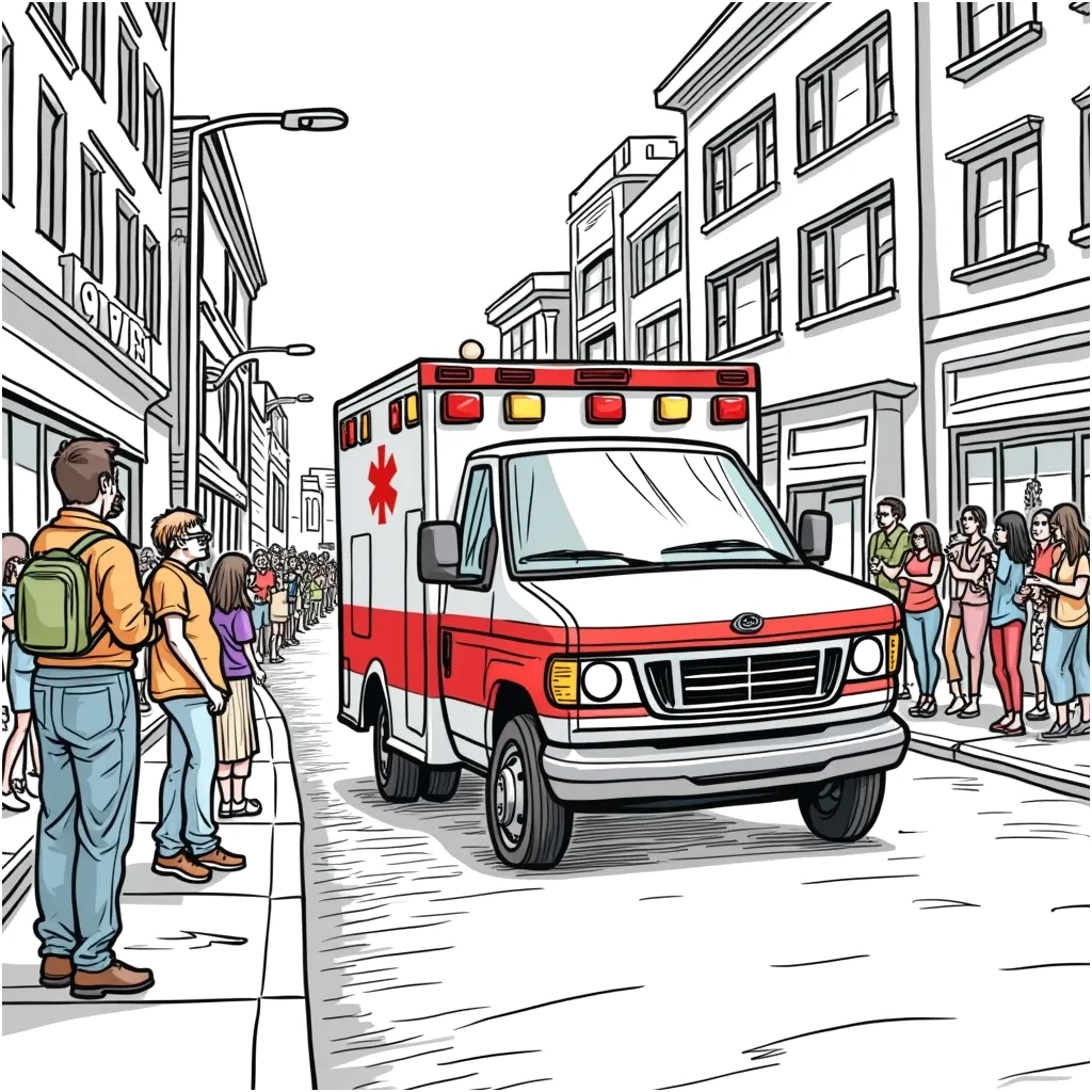 Coloring Page (colored): Ambulance on a Rescue Mission - An ambulance rushes down a busy street with its lights flashing, while concerned citizens watch from the sidewalk, aware of its urgent mission.