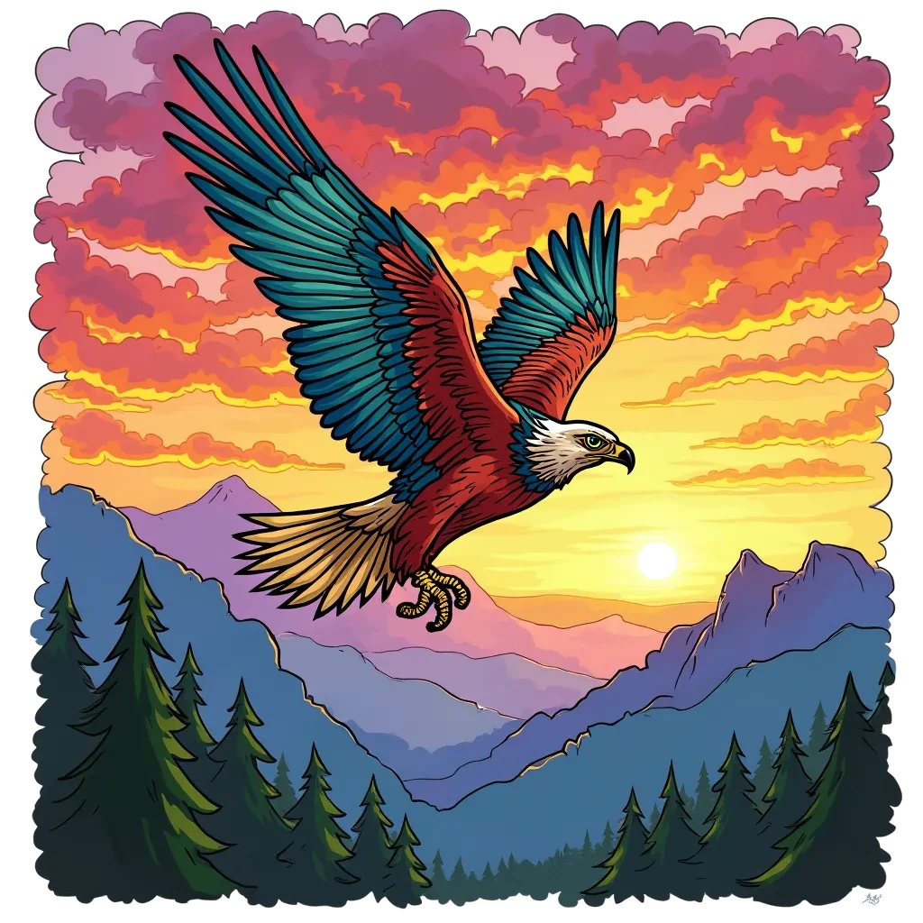 Coloring Page (colored): Hawk's High-Flying Adventure - Draw a majestic hawk soaring high above the mountains, with a backdrop of a sunset sky filled with oranges, pinks, and purples, showcasing the beauty of freedom.
