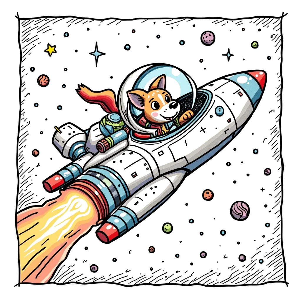 Coloring Page (colored): Spaceship Adventure - A sleek spaceship soars through the cosmos, leaving a trail of stardust behind. Inside the cockpit, a dog in a space suit joyfully looks out the window, mesmerized by the view of distant galaxies.