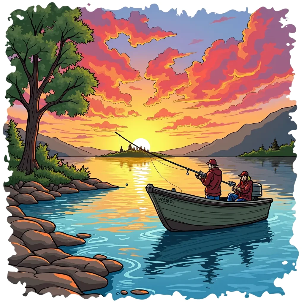Coloring Page (colored): Sunset Catch - A fishing boat anchored at a beautiful lake during sunset. The sky is painted with vivid colors of orange, pink, and purple, reflecting on the water. The fishermen aboard are reeling in their catch, with excitement and anticipation on their faces. Silhouettes of trees and an island can be seen in the distance, enhancing the serene vibe of the scene.