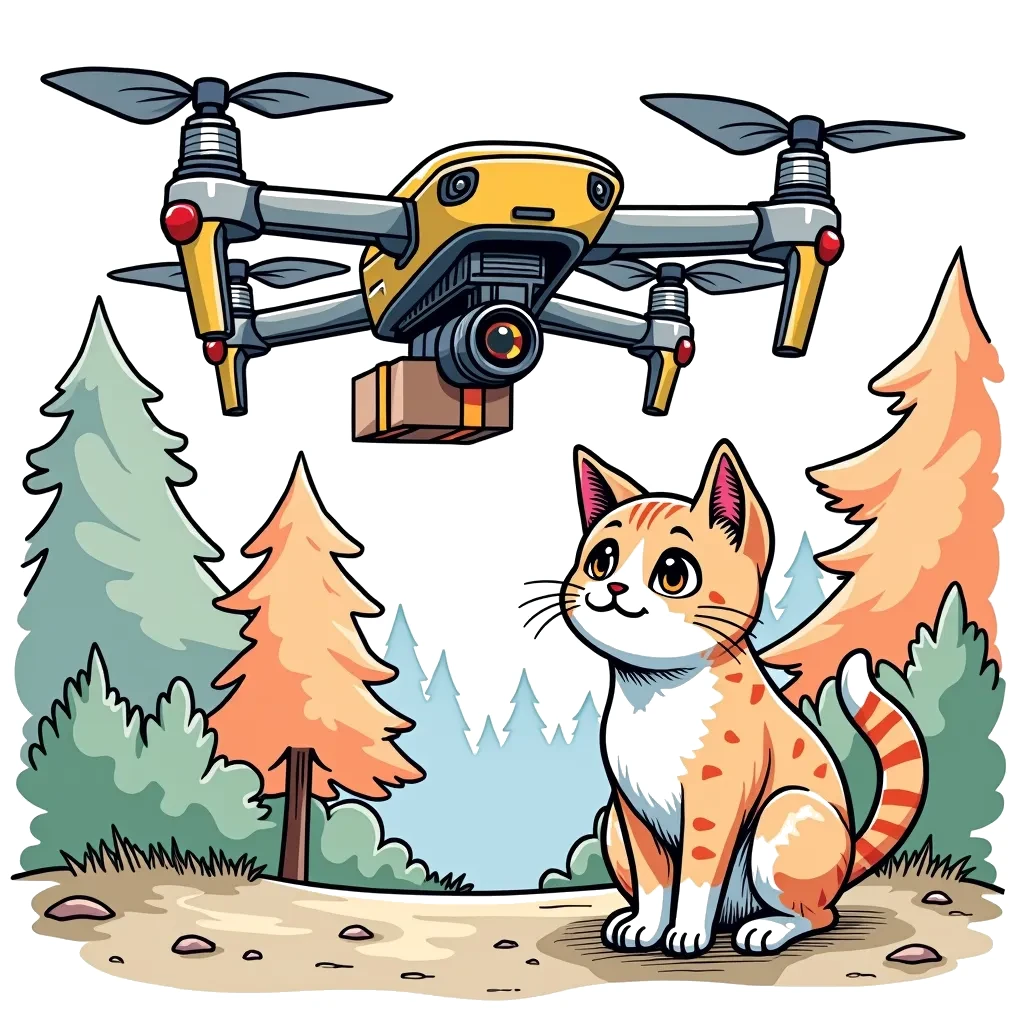 Coloring Page (colored): Flying Drone Delivery - A high-tech drone hovering mid-air with a small package attached underneath. Below, a curious cat watches the drone with wide eyes, surrounded by trees.