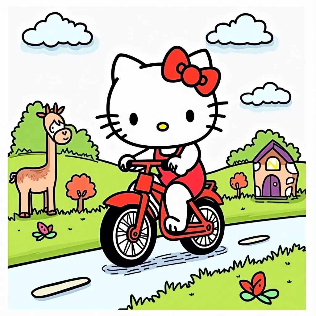 Coloring Page (colored): Hello Kitty Cycling - Create a scene of Hello Kitty joyfully riding a pink bicycle along a sunny path, with blooming cherry blossom trees and fluffy white clouds in a clear blue sky.