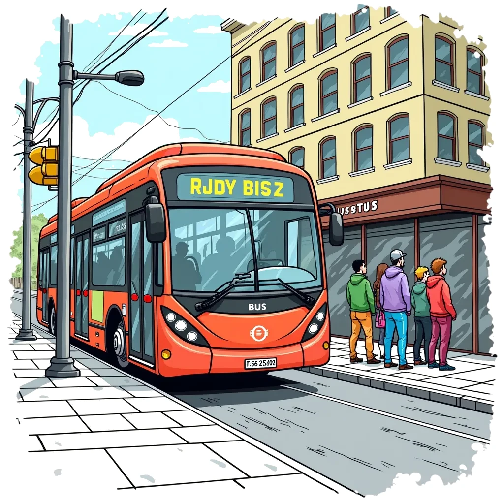 Coloring Page (colored): City Bus Stop - A vibrant city bus stopped at a bus stop with a few passengers waiting at the curb.