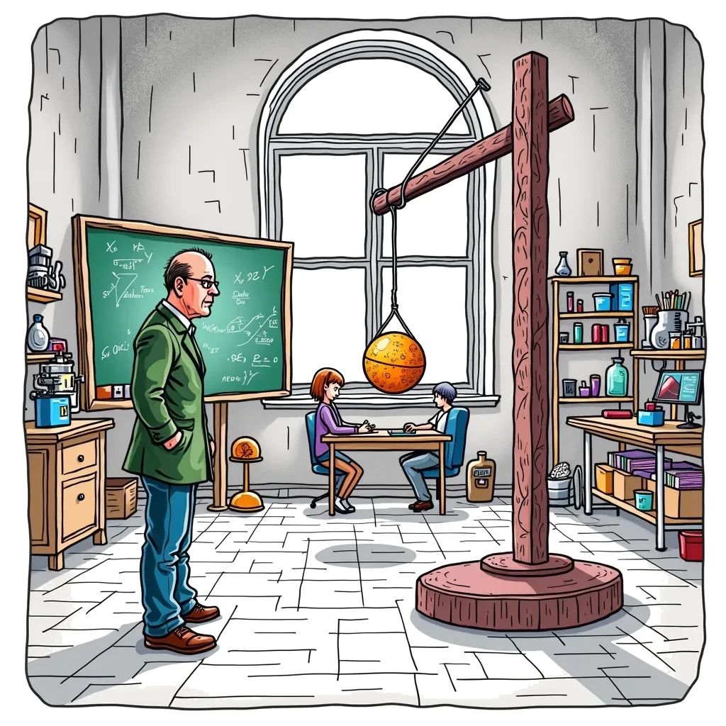 Coloring Page (colored): The Physicist's Experiment - A physicist is observing a pendulum swinging back and forth in a large, open lab filled with various scientific equipment, including a chalkboard with equations. The pendulum has intricate designs.